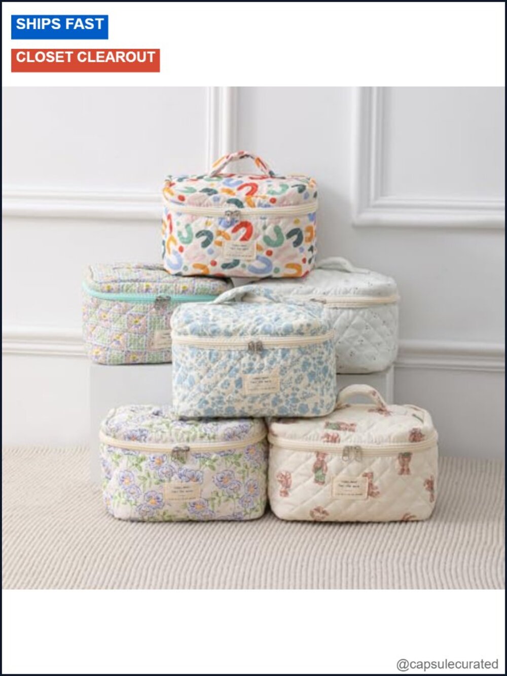 Large Quilted Travel Cosmetic Bag with Floral Cotton Design, Zippered Toiletry - Picture 3 of 6
